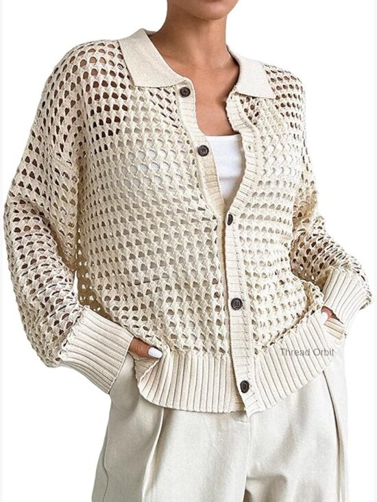 Sweaters - Lightweight Crochet Cardigan Sweater Button Front Loose Fit Long Sleeve